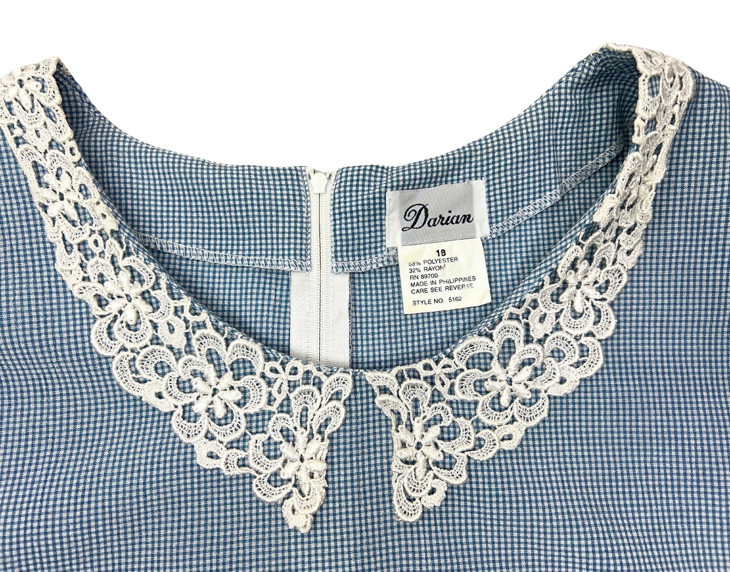 90’s Blue Gingham Plaid Lace Collar Dress Size 18