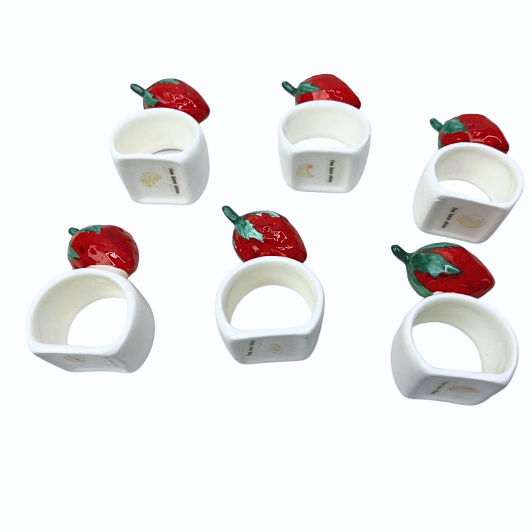 Vintage Set of 6 Strawberry Fruit Fine Bone China Napkin Rings