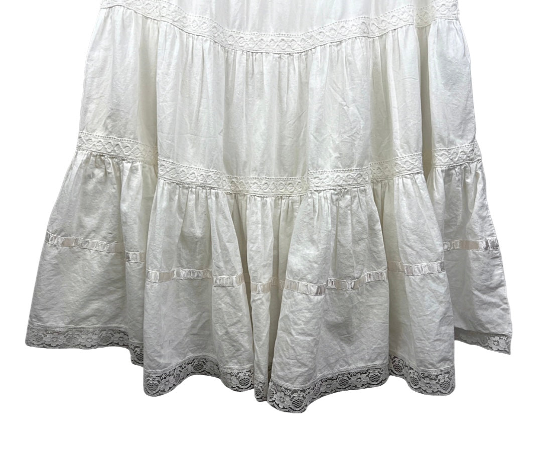 00’s White Gauzy Tiered Boho Lace Trim Skirt Size L/XL