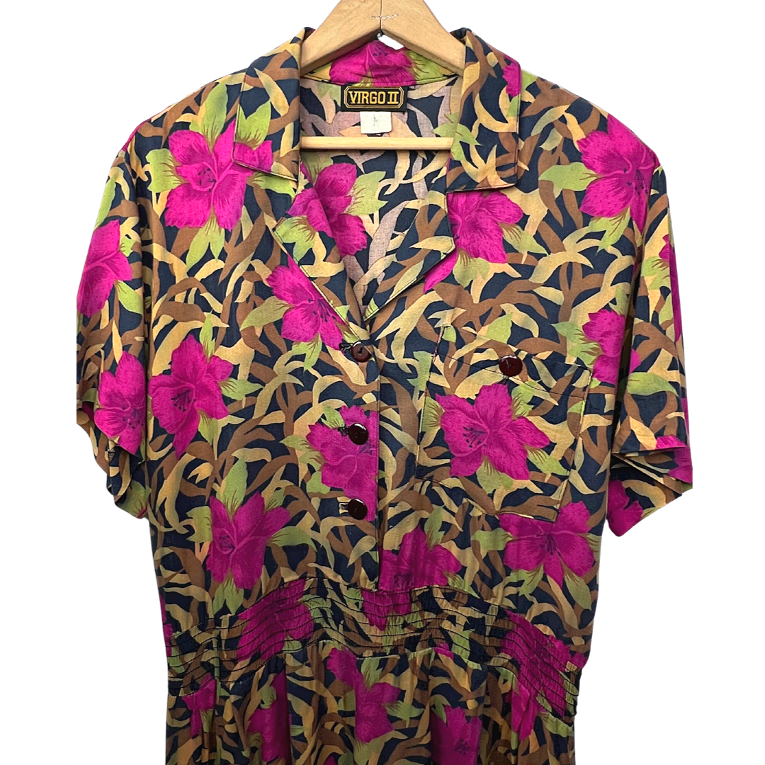 80’s Botanical Safari Print Elastic Waist Romper Jumper Dress with Pockets Sz Medium