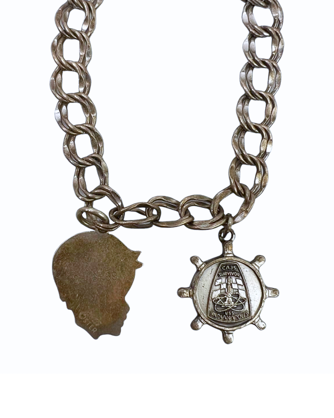 50’s Pewter Charm Braclet Rusty Cameo USS Indianapolis Survior
