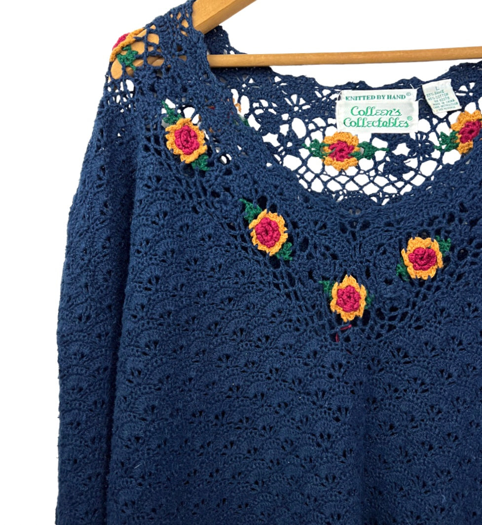 90’s Retro Rosette Handknit Crochet Tunic Slouchy Sweater Size XL
