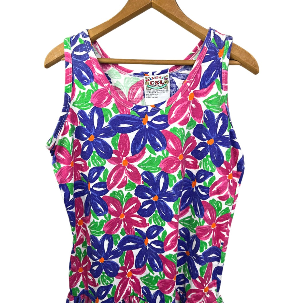 80’s Colorful Floral Drop Waist Ruffle Romper Mini Dress