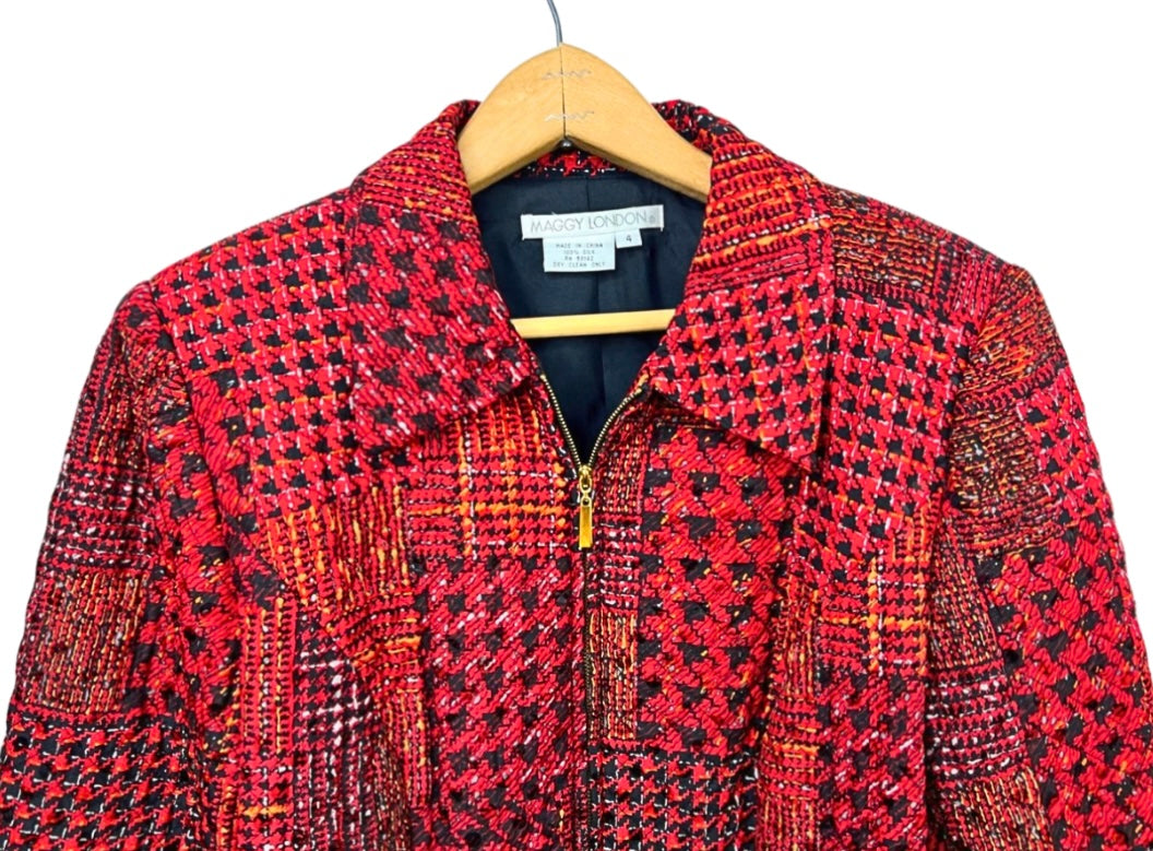90’s 100% Silk Red Houndstooth Crop Blazer Jacket Size Small