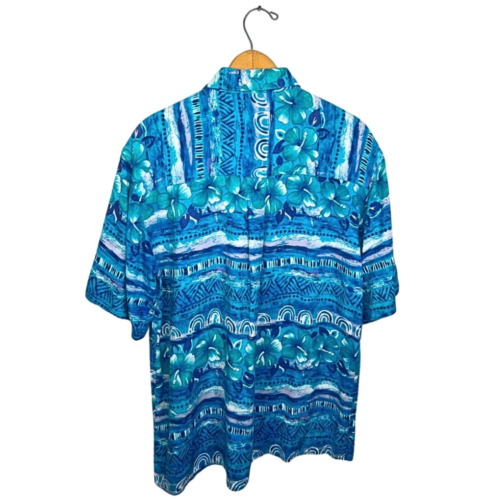 90’s Blue Hawaiian Hibiscus Print Short Sleeve Buttondown