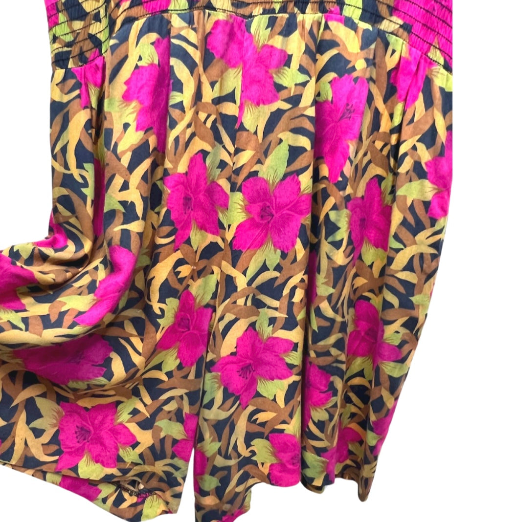 80’s Botanical Safari Print Elastic Waist Romper Jumper Dress with Pockets Sz Medium