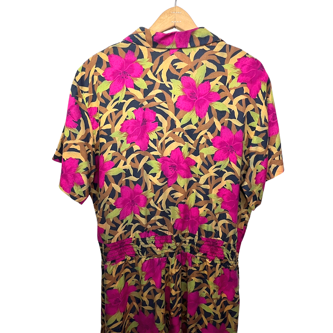 80’s Botanical Safari Print Elastic Waist Romper Jumper Dress with Pockets Sz Medium