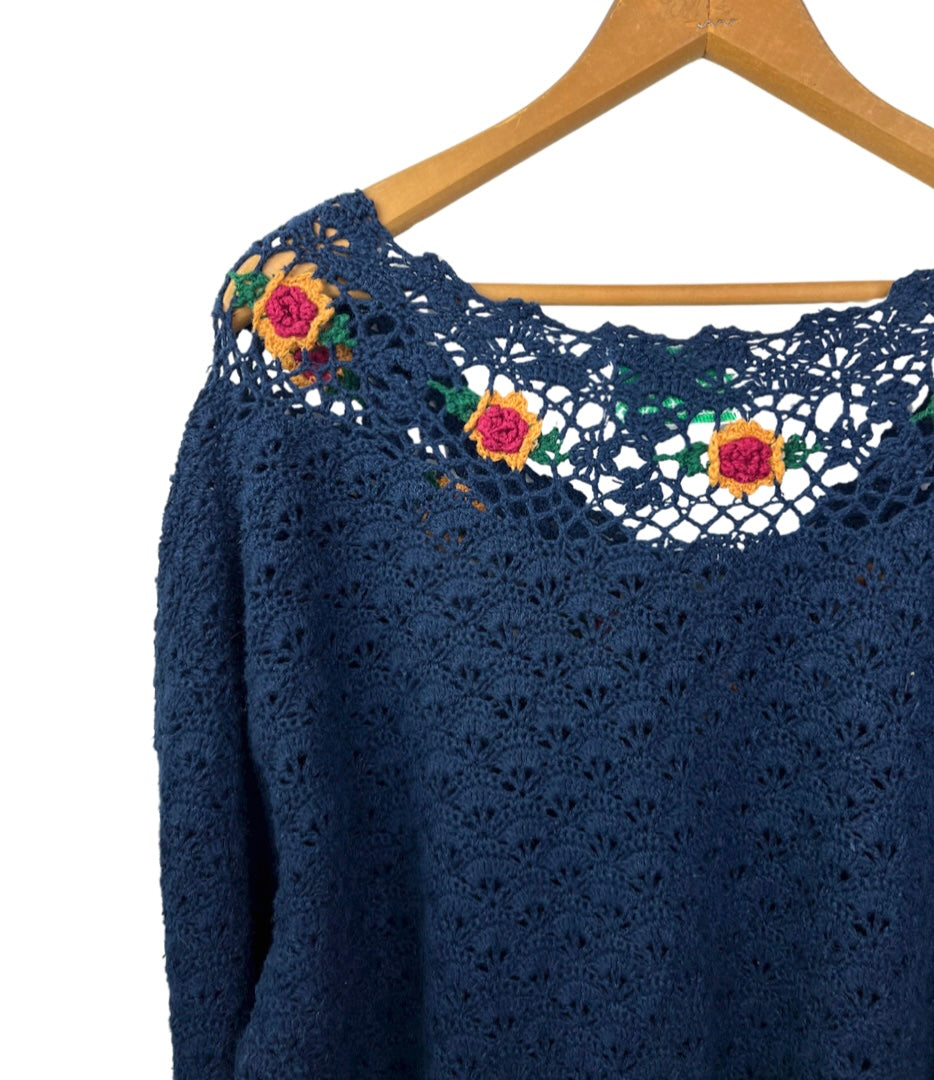 90’s Retro Rosette Handknit Crochet Tunic Slouchy Sweater Size XL