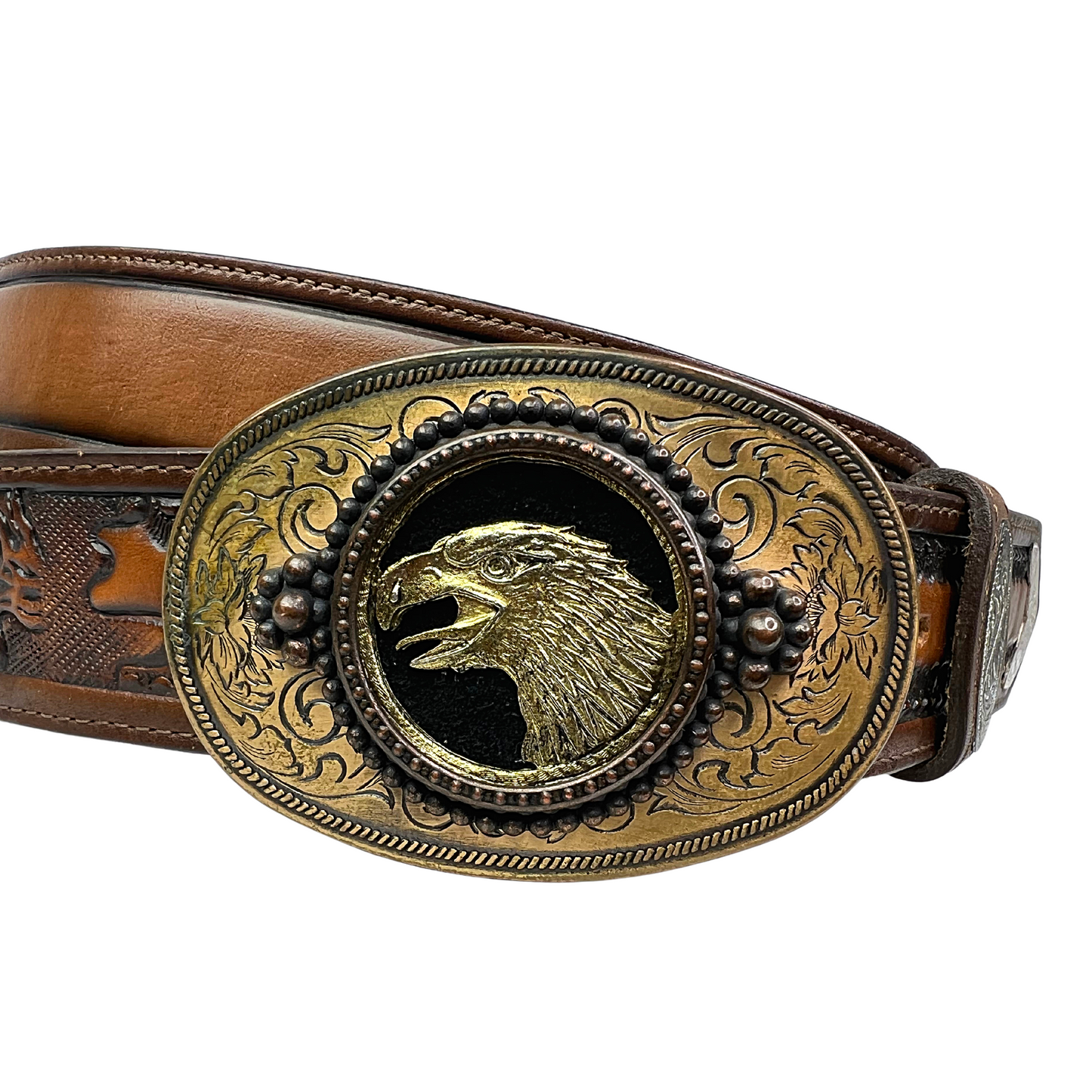 70’s Western Eagle Belt Buckle Tooled Leather Belt Size 54