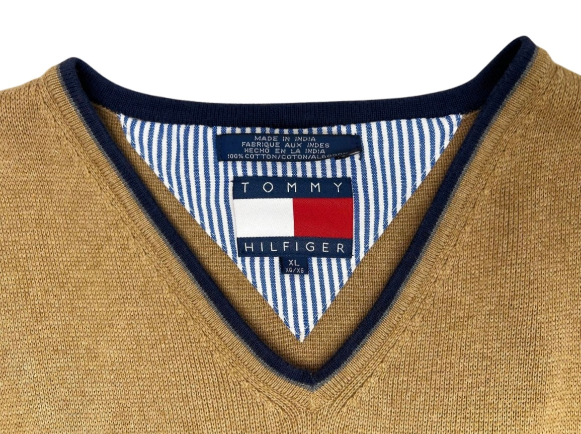 90’s Tommy Hilfiger Tan 100% Cotton V-Neck Sweater Vest Size Large
