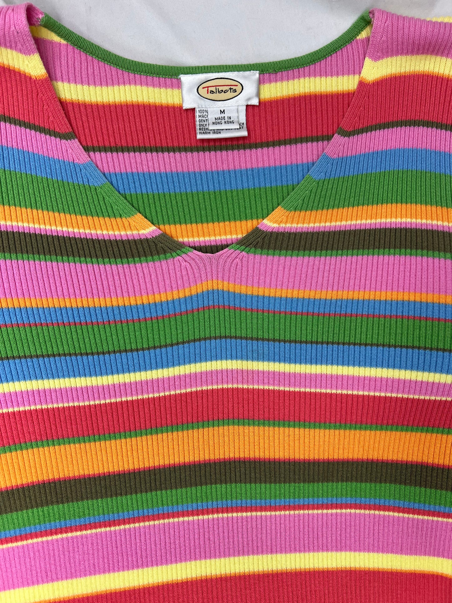 90’s Pink Rainbow Stripe Ribbed Vneck Talbots Sweater Size S/M