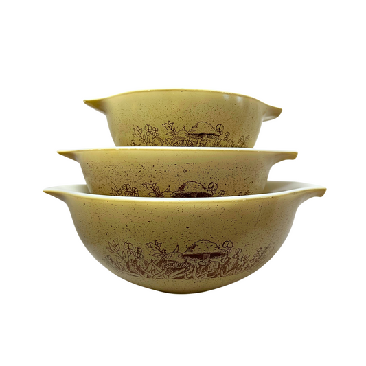 80’s Mushroom Pyrex Cinderella Forest Fancies Set of 3 Nesting Mixing Bowls
