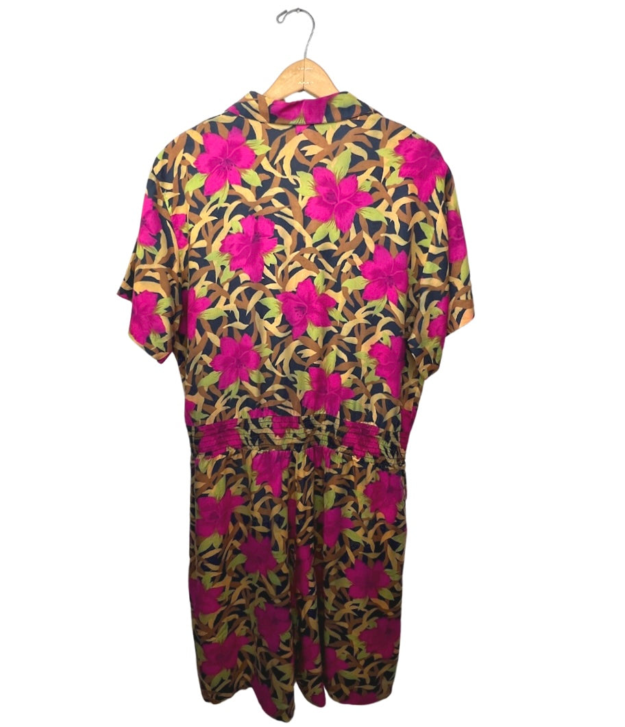 80’s Botanical Safari Print Elastic Waist Romper Jumper Dress with Pockets Sz Medium