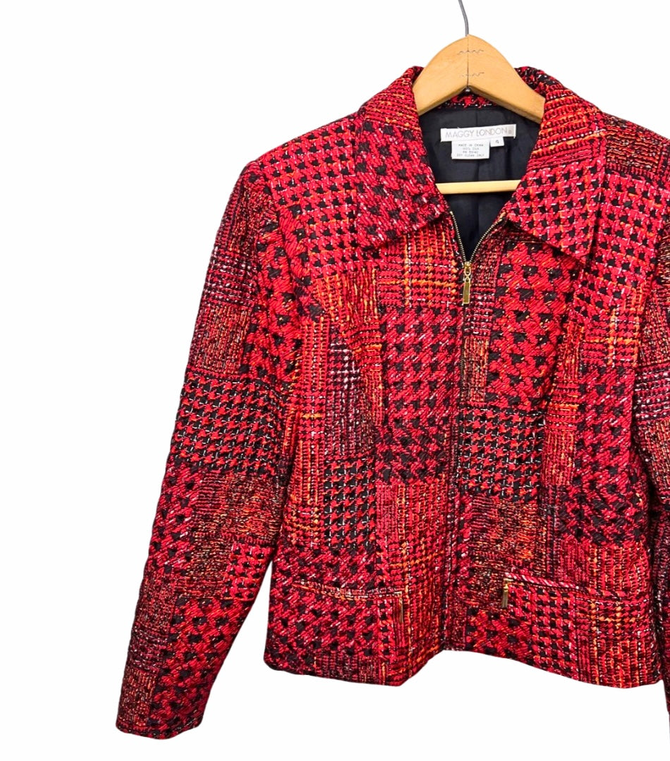 90’s 100% Silk Red Houndstooth Crop Blazer Jacket Size Small
