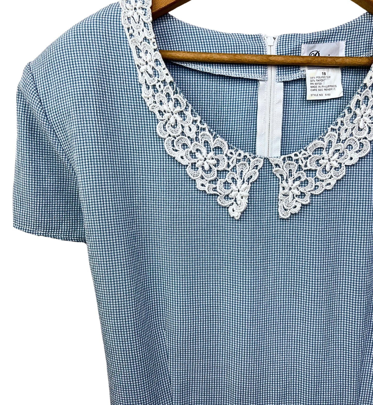 90’s Blue Gingham Plaid Lace Collar Dress Size 18