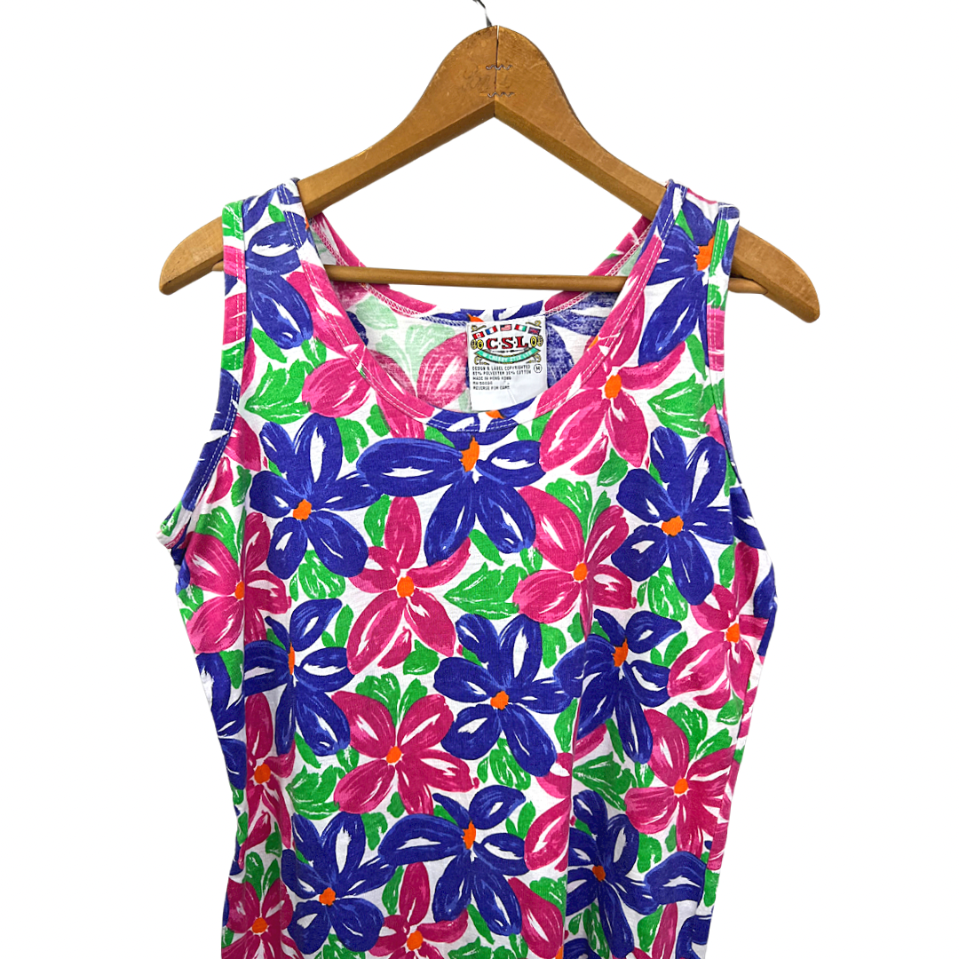 80’s Colorful Floral Drop Waist Ruffle Romper Mini Dress