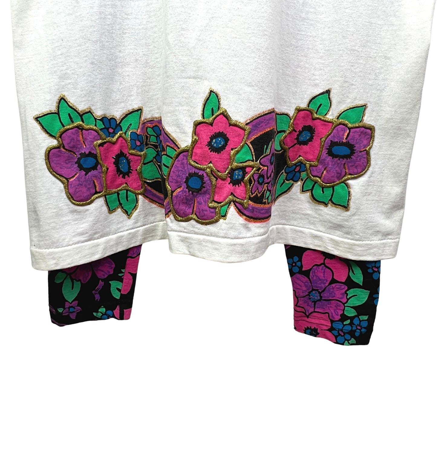 1991 2 pc Neon Floral Gemmed Out Oversized Tshirt + Leggings Set Size M