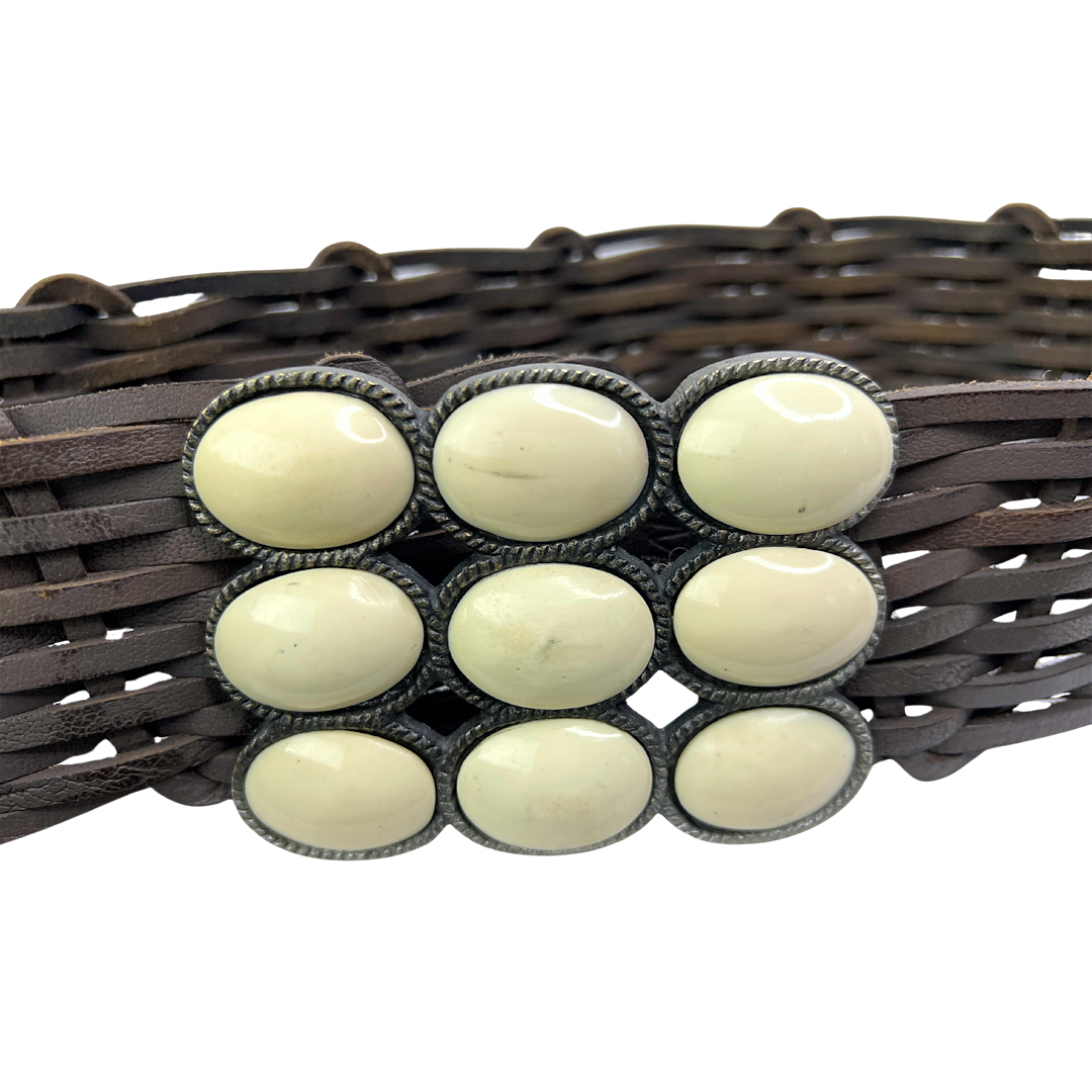00’s Y2K Woven Leather White Stone Boho Chunky Western Belt Size M