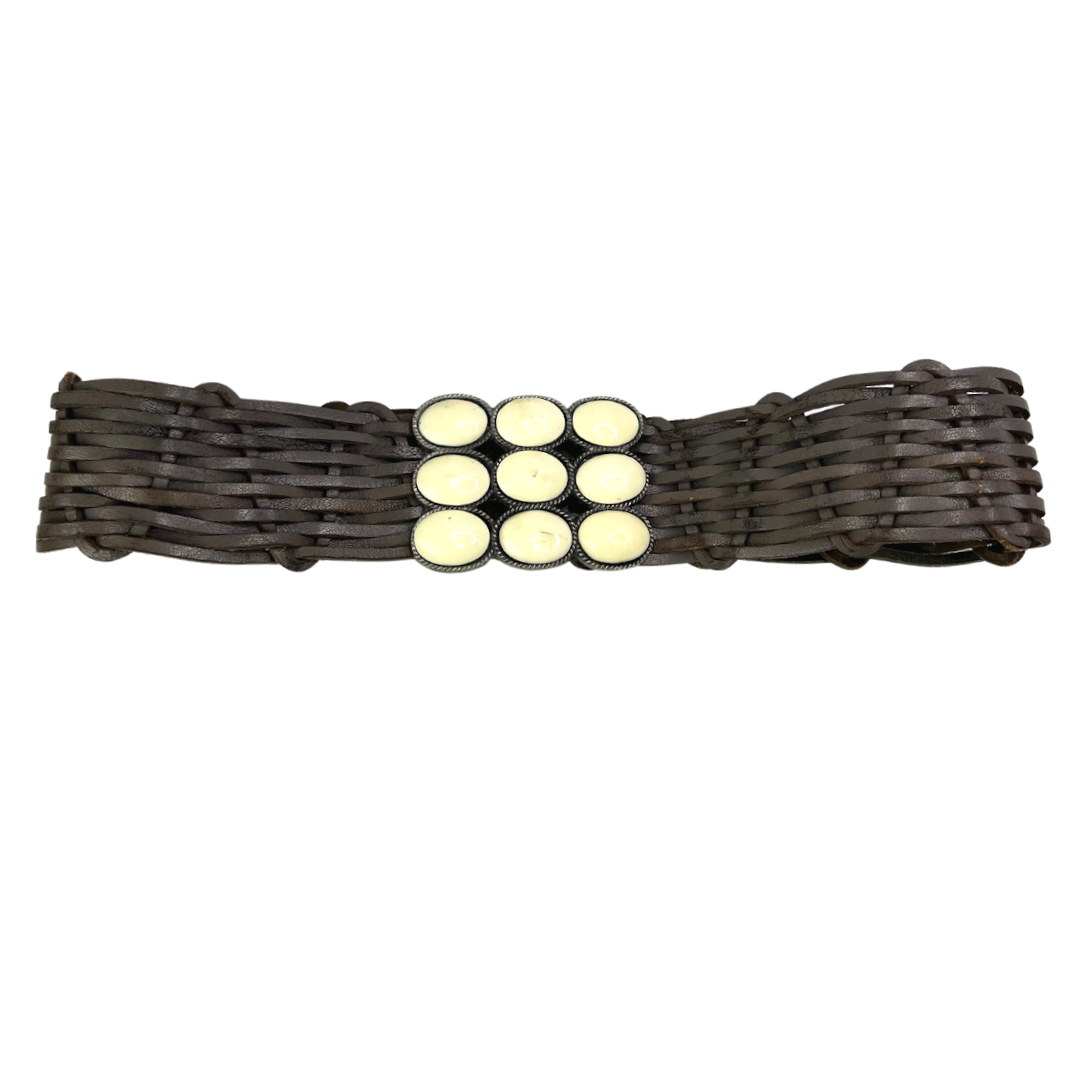 00’s Y2K Woven Leather White Stone Boho Chunky Western Belt Size M