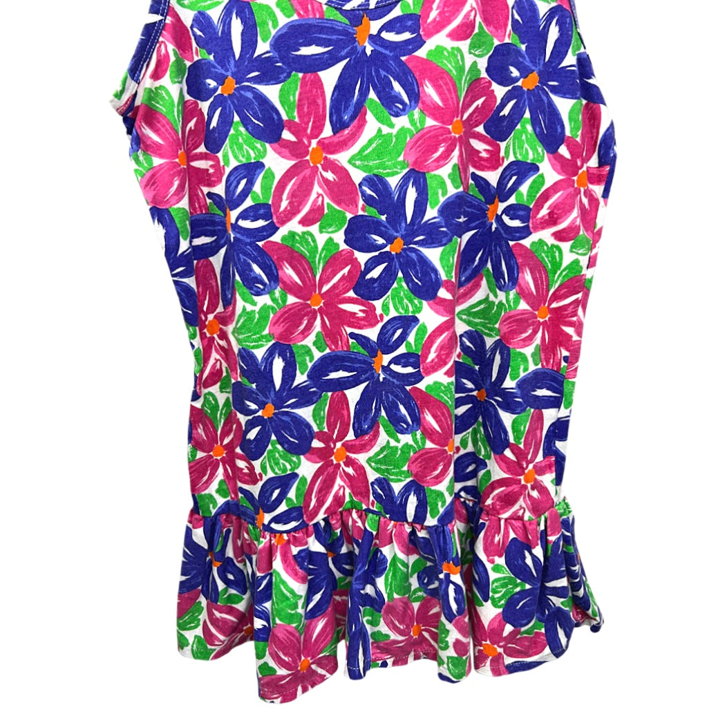 80’s Colorful Floral Drop Waist Ruffle Romper Mini Dress