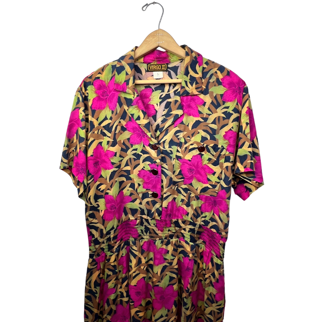 80’s Botanical Safari Print Elastic Waist Romper Jumper Dress with Pockets Sz Medium