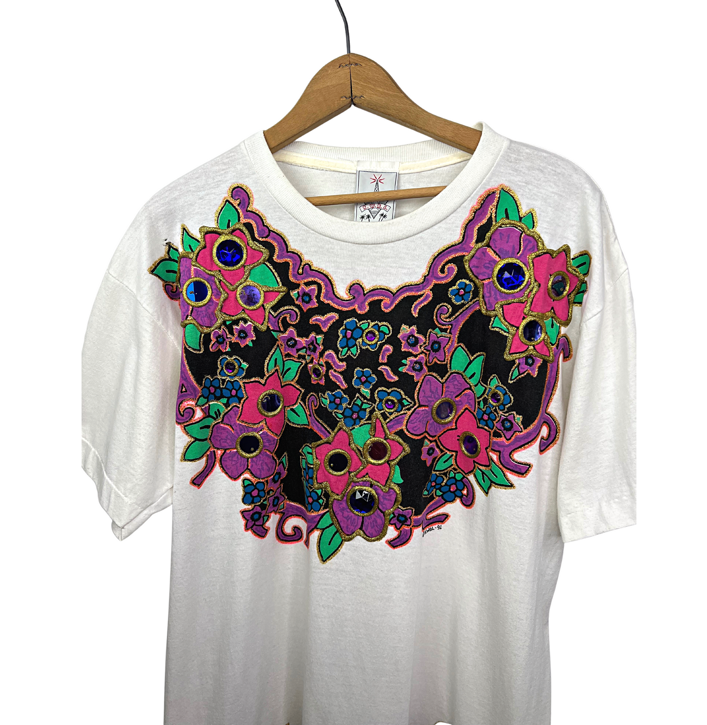 1991 2 pc Neon Floral Gemmed Out Oversized Tshirt + Leggings Set Size M