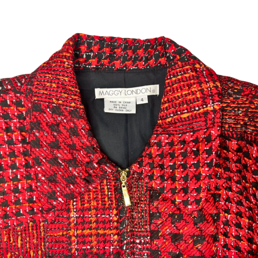 90’s 100% Silk Red Houndstooth Crop Blazer Jacket Size Small