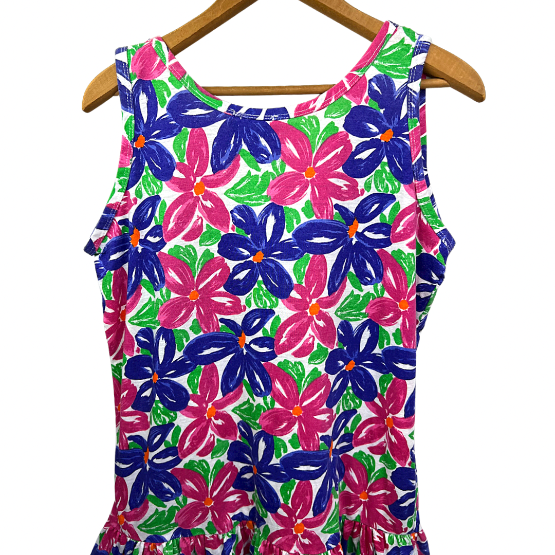 80’s Colorful Floral Drop Waist Ruffle Romper Mini Dress
