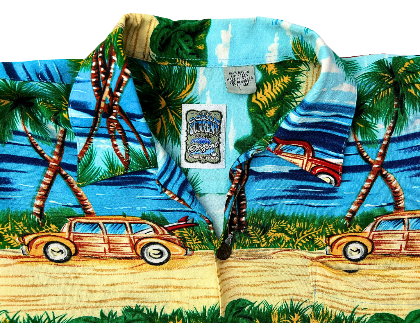 90’s Aloha Hawaiian Palm Tree Woody Wagon Beach Shirt Size M