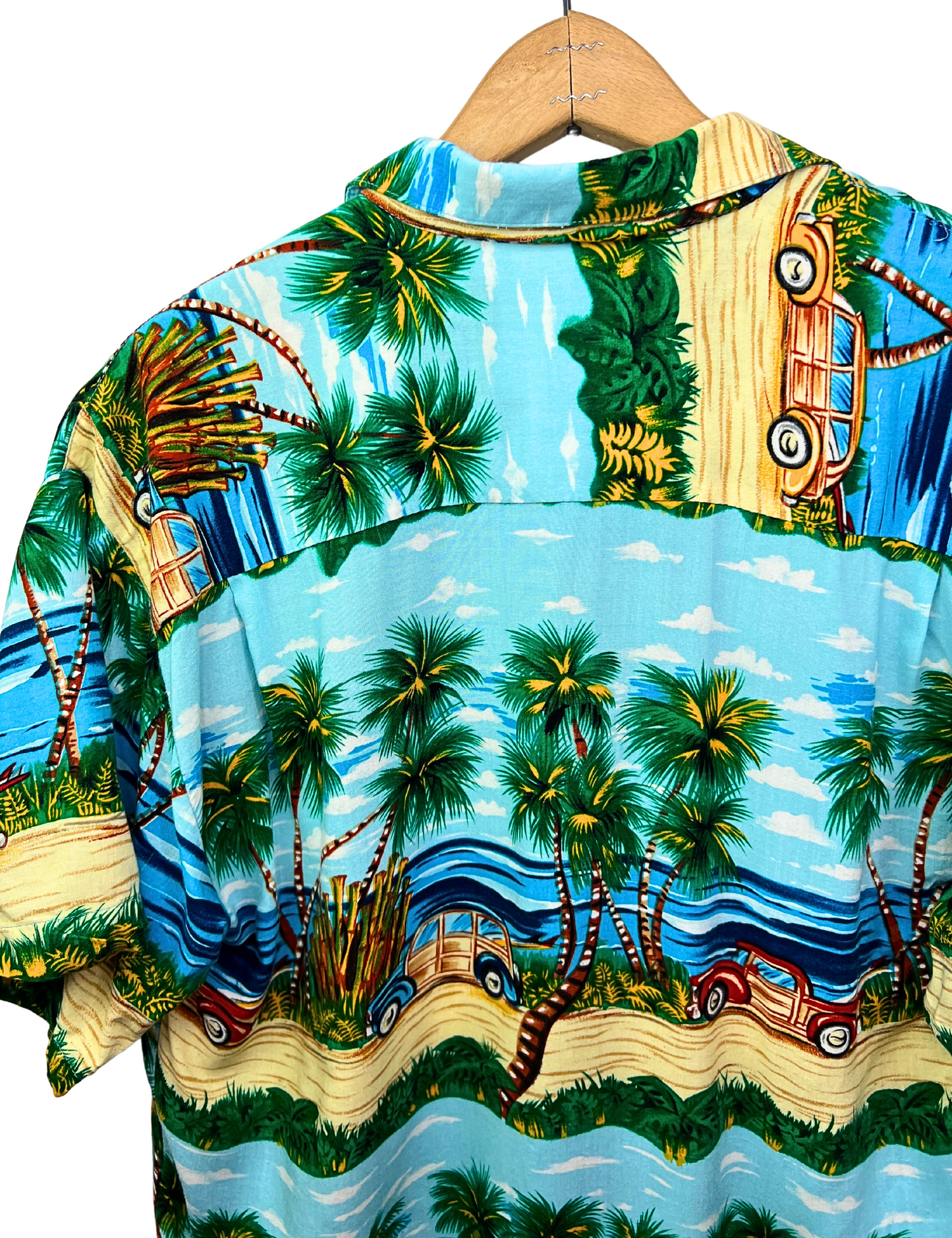 90’s Aloha Hawaiian Palm Tree Woody Wagon Beach Shirt Size M