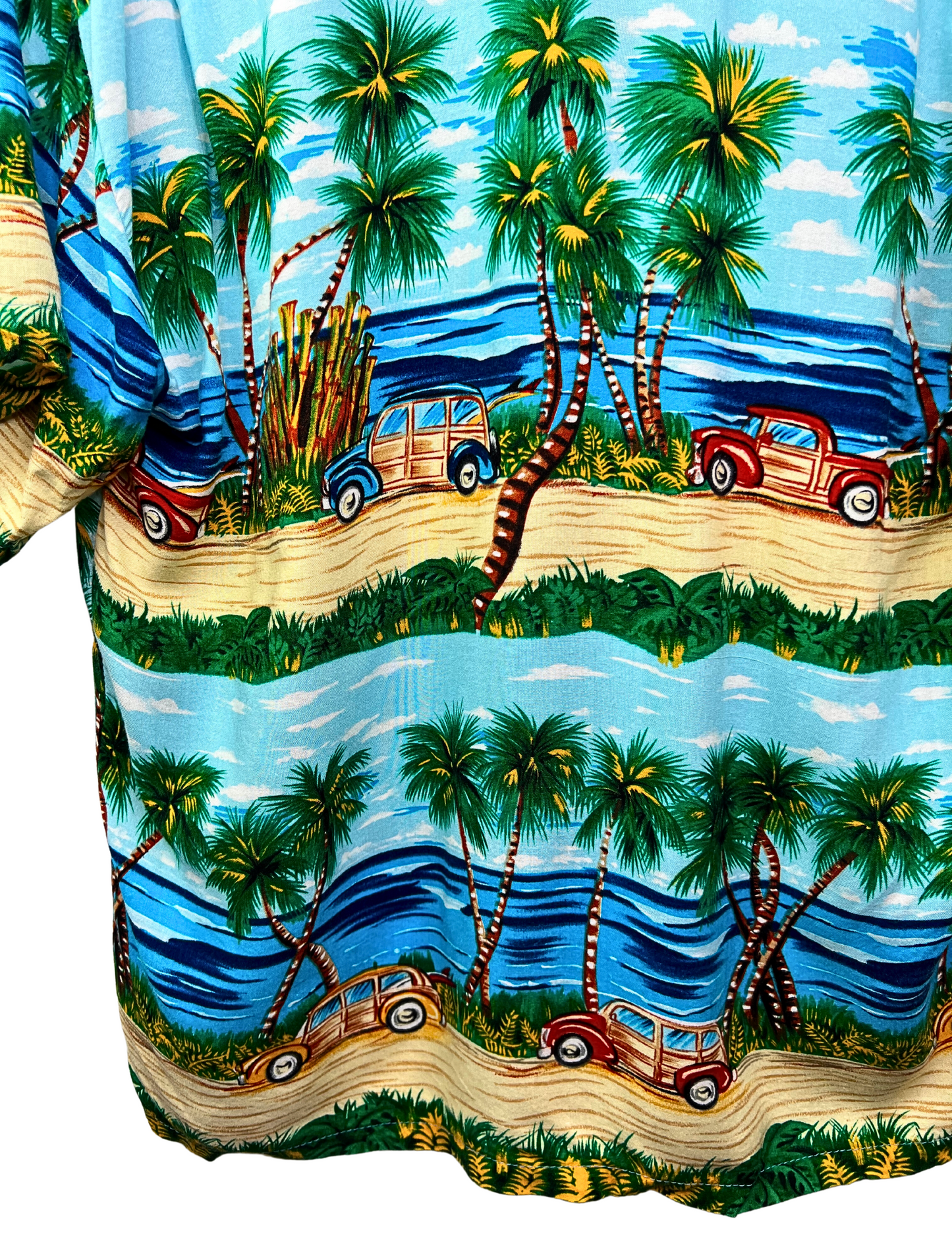 90’s Aloha Hawaiian Palm Tree Woody Wagon Beach Shirt Size M