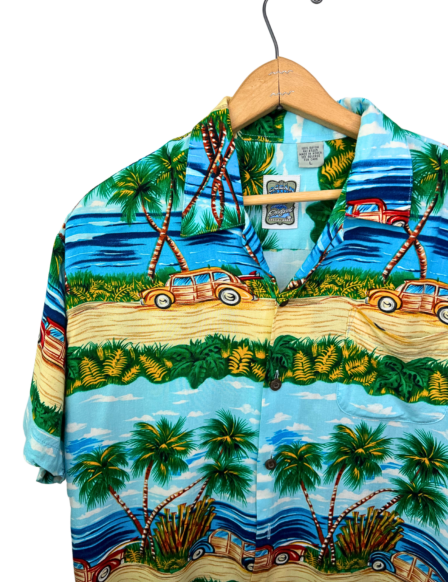 90’s Aloha Hawaiian Palm Tree Woody Wagon Beach Shirt Size M