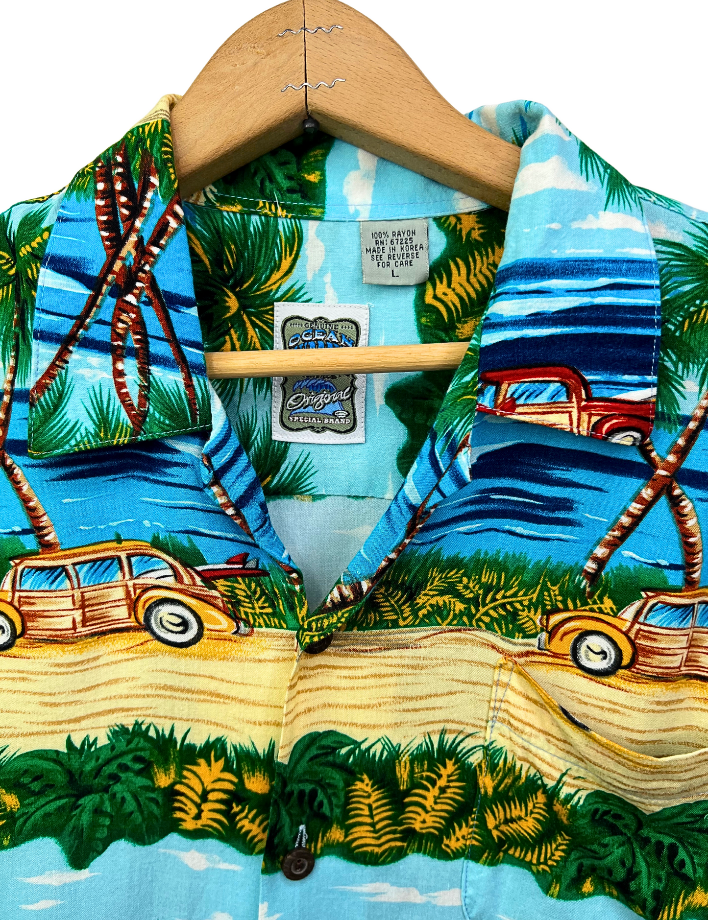 90’s Aloha Hawaiian Palm Tree Woody Wagon Beach Shirt Size M