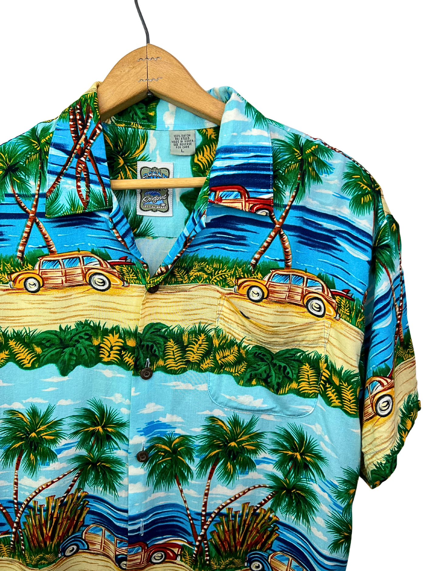 90’s Aloha Hawaiian Palm Tree Woody Wagon Beach Shirt Size M