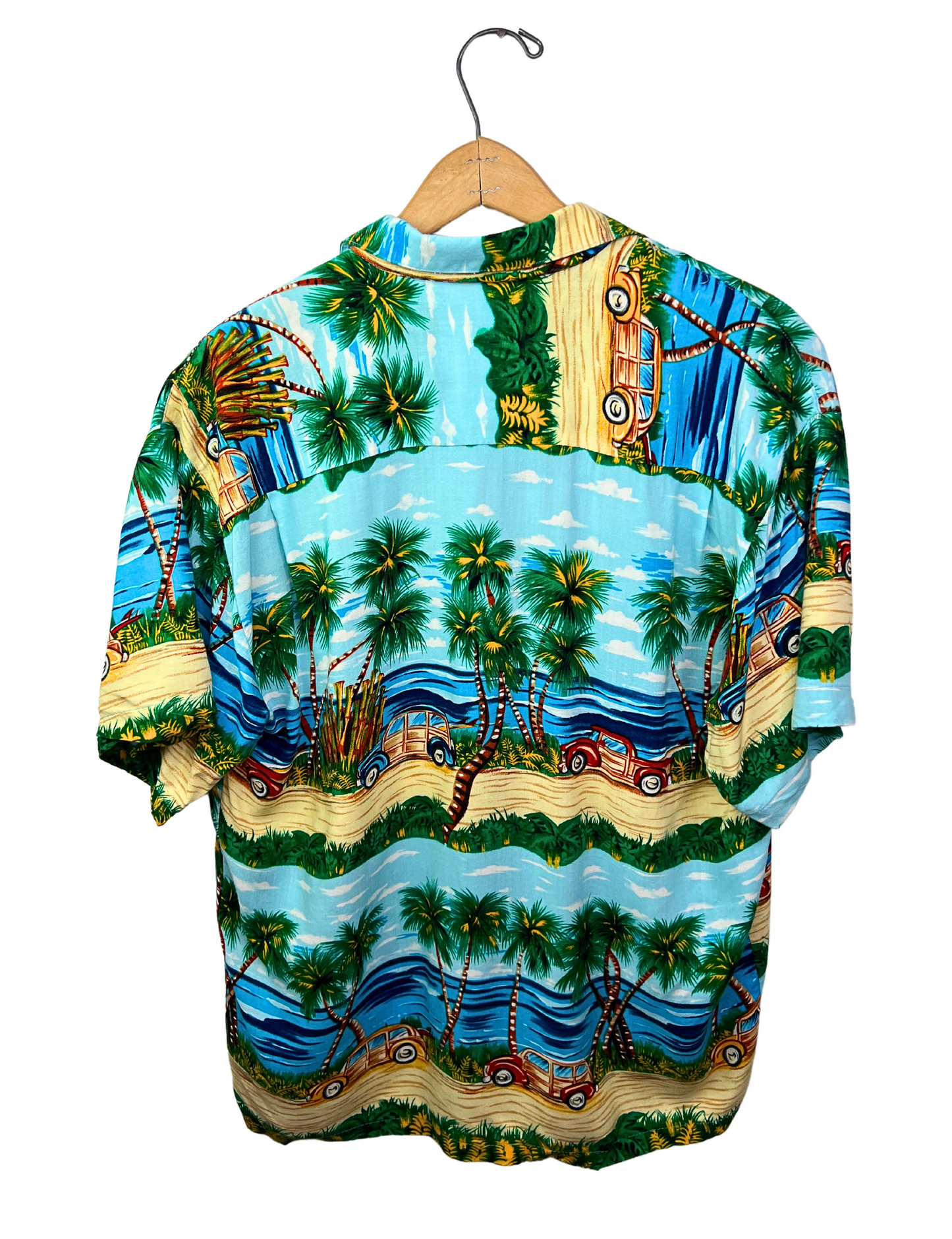 90’s Aloha Hawaiian Palm Tree Woody Wagon Beach Shirt Size M