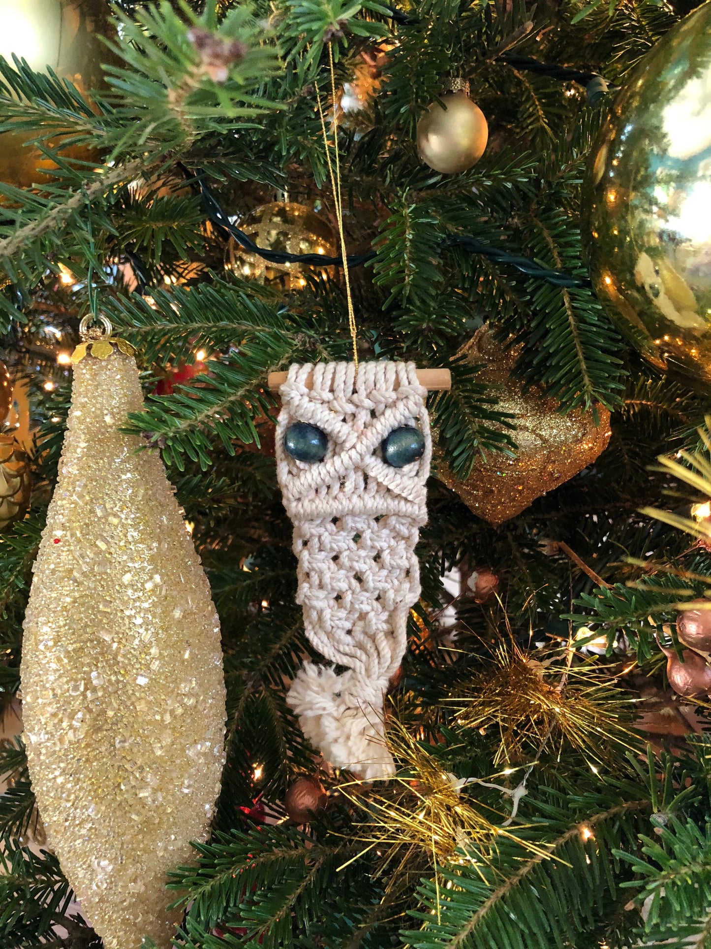 Vintage 70’s Handmade Macramé Owl Boho Ornament