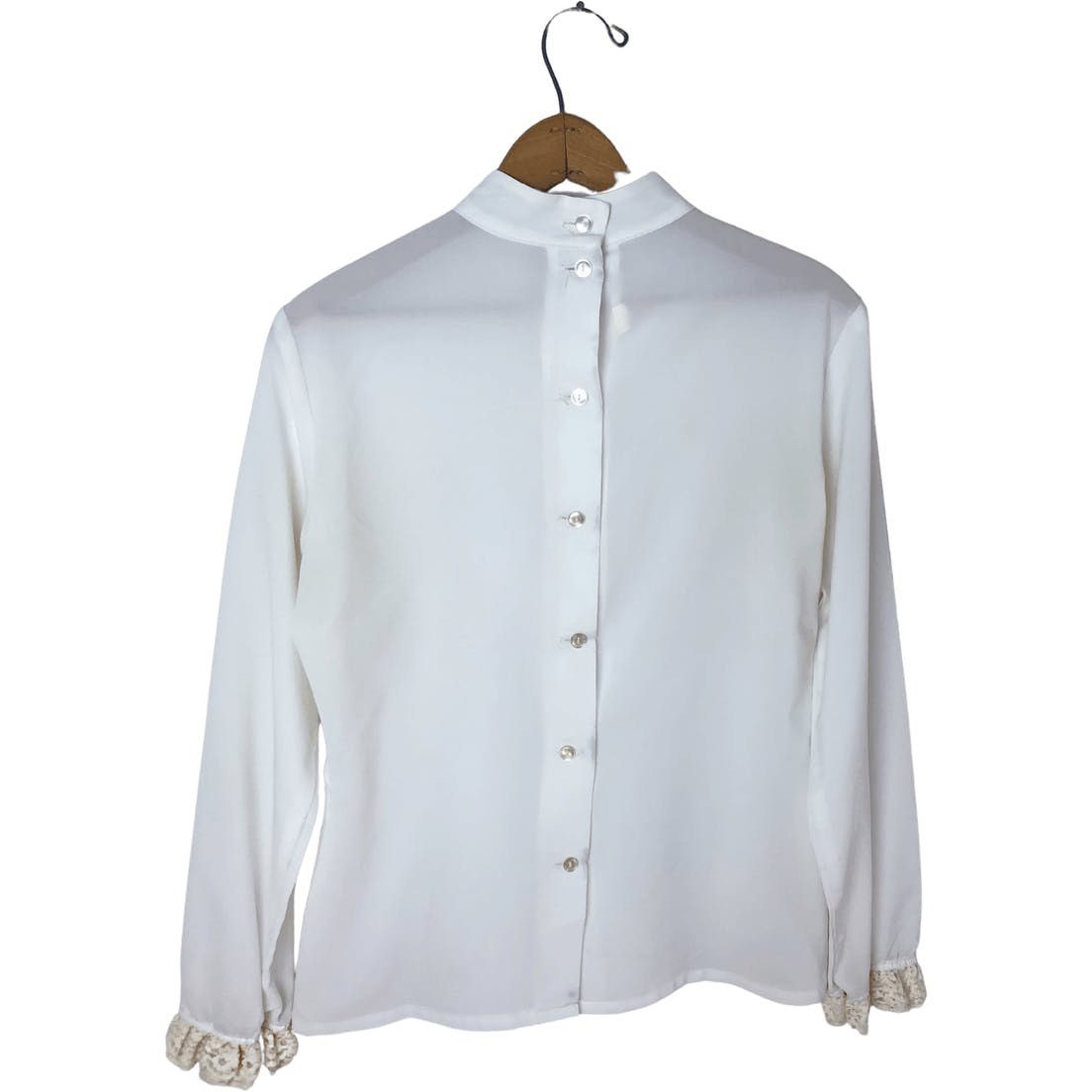 50’s White Lace Delicate Silk Ruffle Button Up Blouse Size M