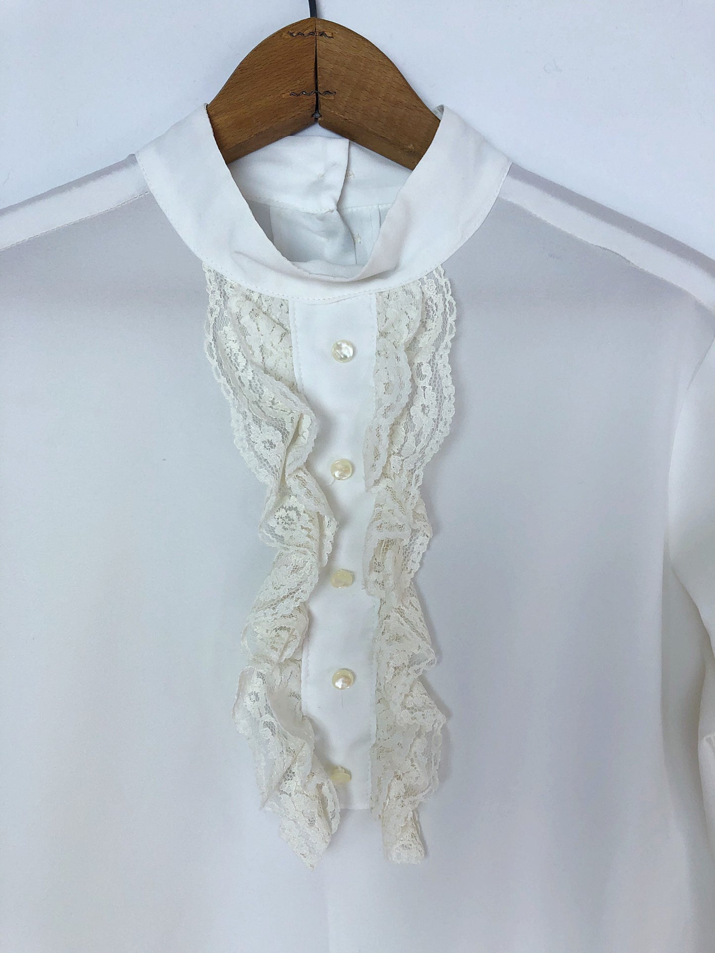 50’s White Lace Delicate Silk Ruffle Button Up Blouse Size M