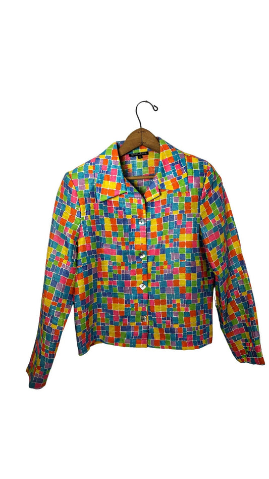 90’s Rainbow Tile Mosaic Square The Nanny Linen Blend Shell Button Blazer Wms Size Small