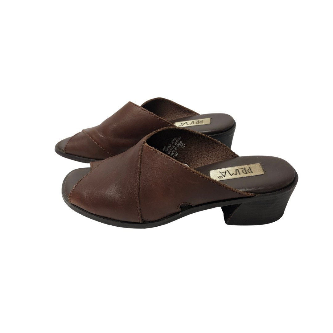 Wms Vintage 90’s Brown Leather Criss-Cross Cutout Mule Sandals Size 7.5