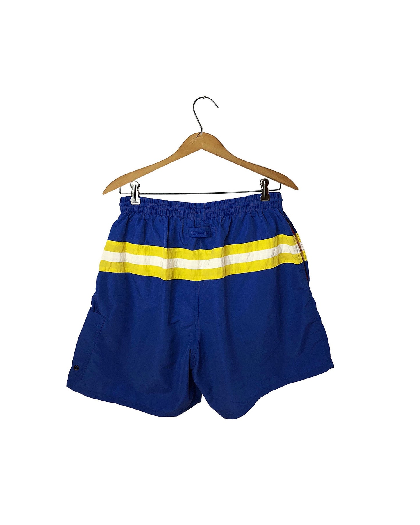 Vintage 90’s Catalina Royal Blue Yellow Stripe 100% Nylon 6” Drawstring Swim Trunks Size Medium