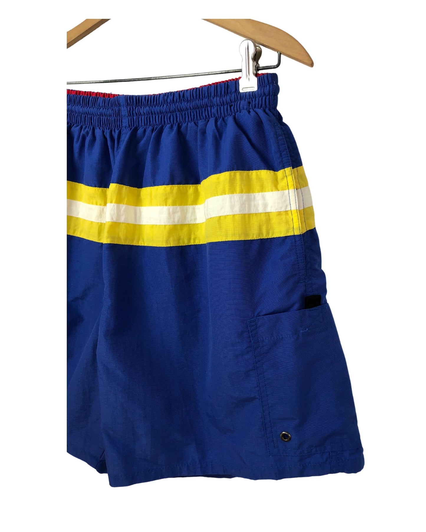 Vintage 90’s Catalina Royal Blue Yellow Stripe 100% Nylon 6” Drawstring Swim Trunks Size Medium