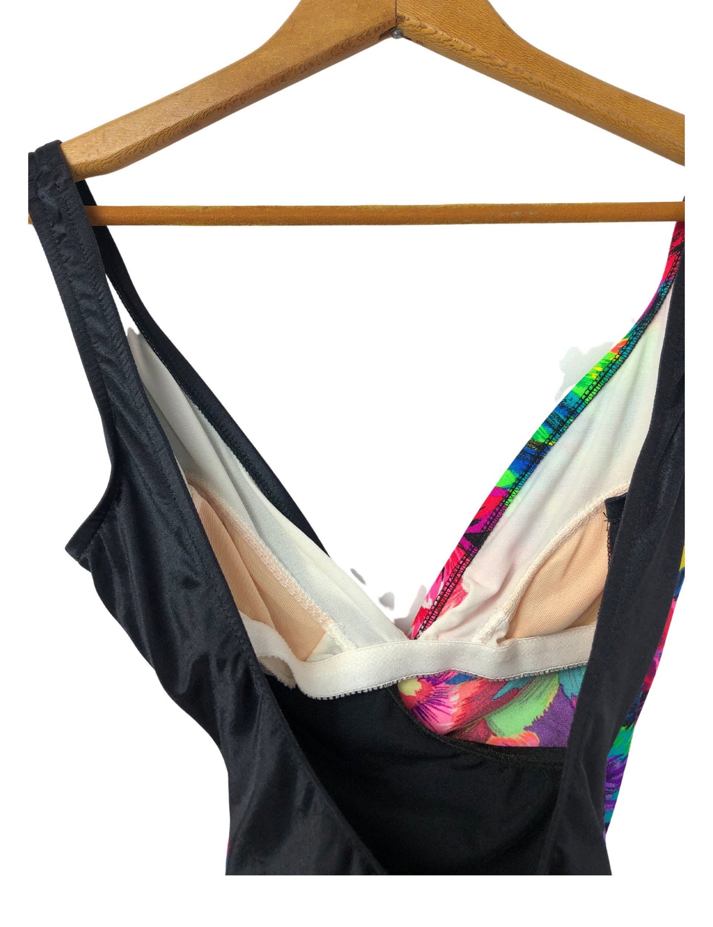 Vintage 90’s Janzten Neon Floral & Black Circle Ring Soft Cup Tummy Conceal One Piece Swimsuit Size 10