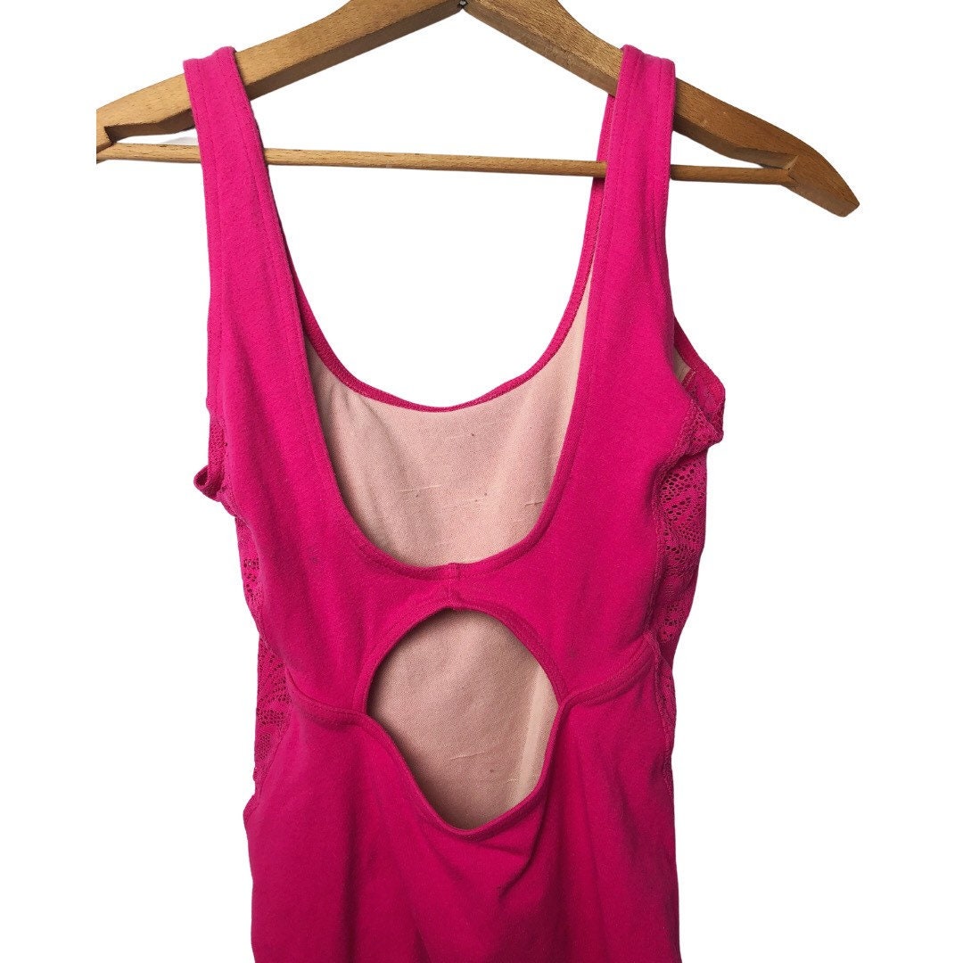 90’s Hot Pink Lace Panel Cotton Bodysuit Leotard Size Medium