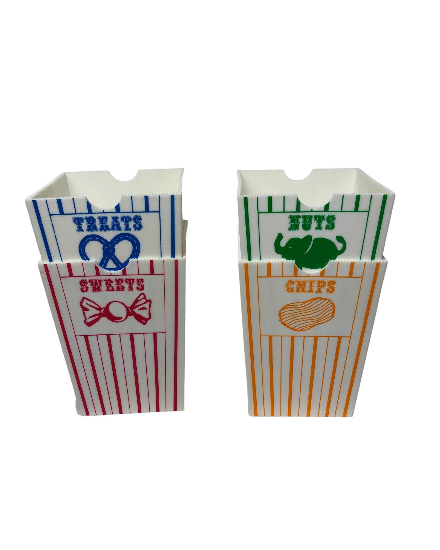 1960’s Set of 4 CIRCUS Nuts, Treats, Sweets, Chips Plastic Popcorn Snack Containers