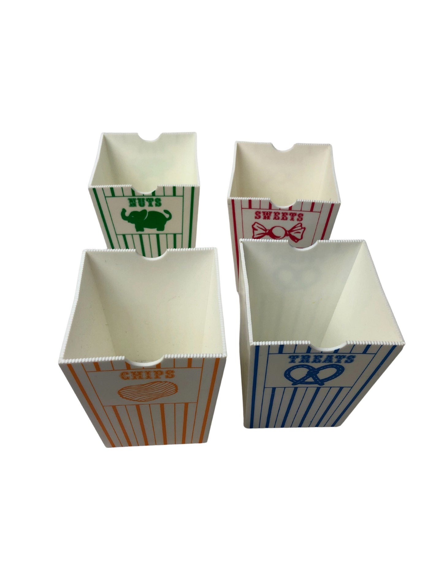 1960’s Set of 4 CIRCUS Nuts, Treats, Sweets, Chips Plastic Popcorn Snack Containers