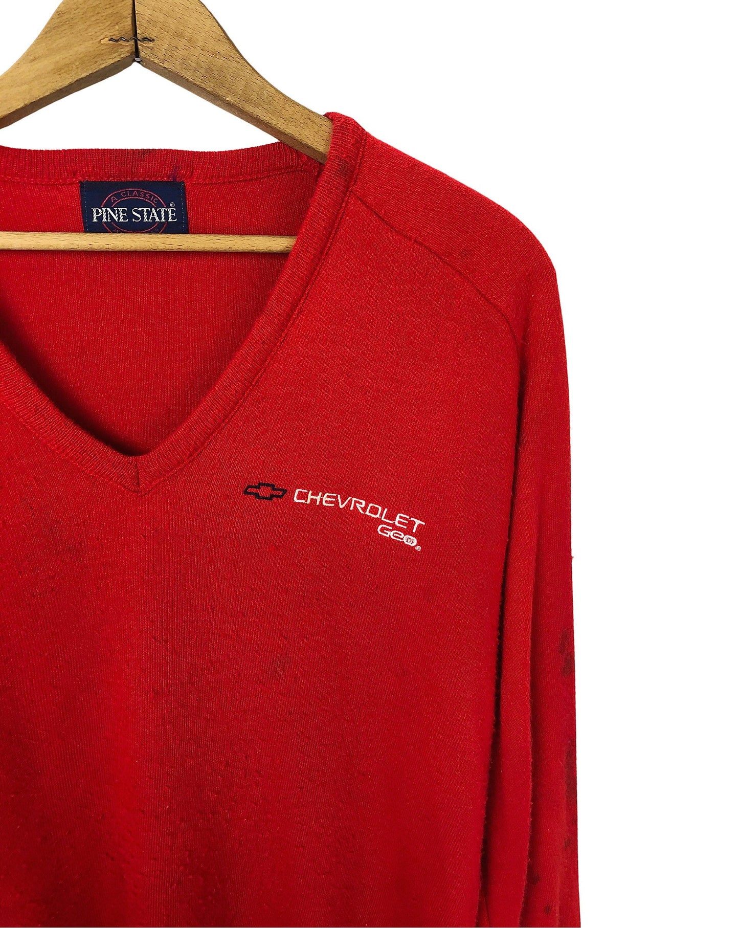 80’s Chevrolet Geo Embroidered Red Pine State V-Neck Sweater Size