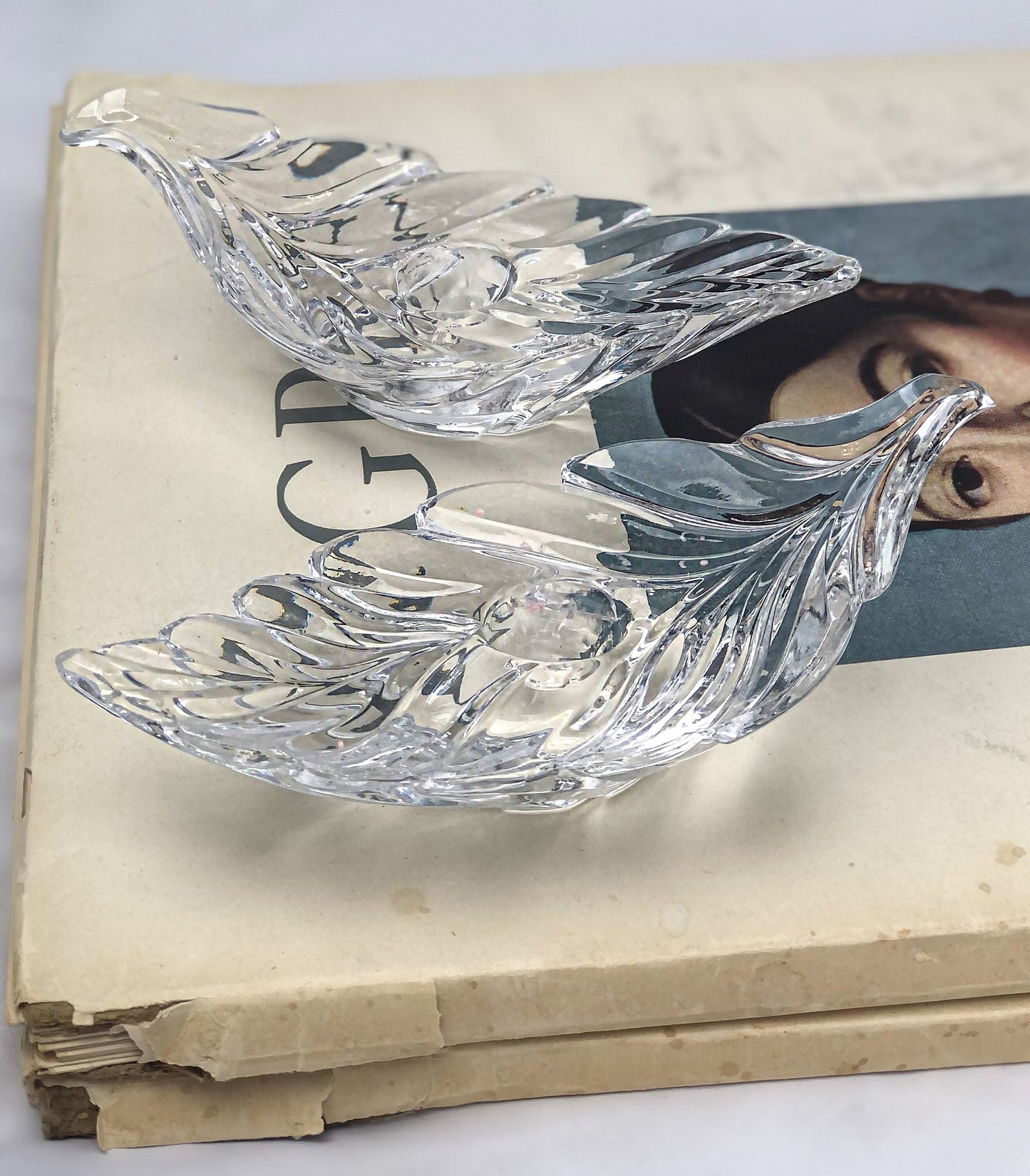 Vintage 80’s Crystal Leaf Candlestick Taper Candle Holders Set of 2
