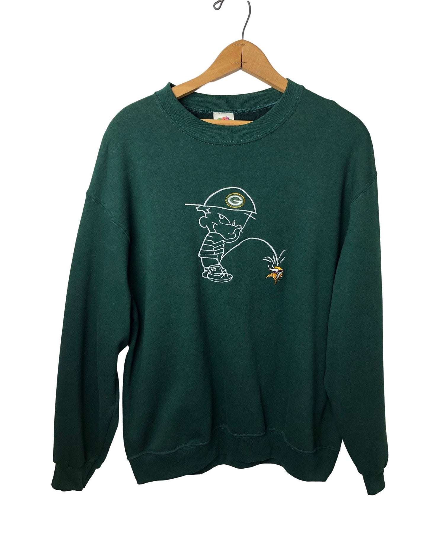 90’s Green Bay Packers Calvin Peeing Vikings Fruit of the Loom Embroidered Sweatshirt Size Large
