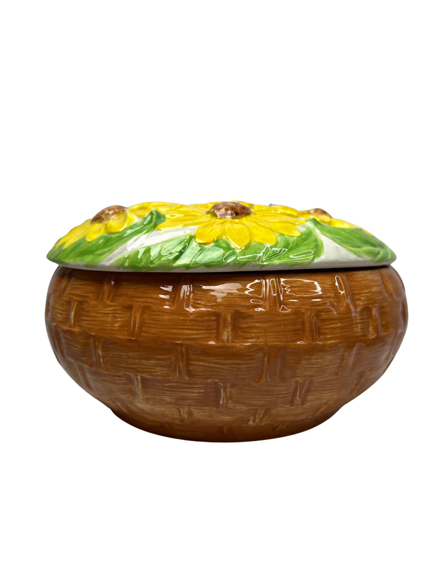 80’s Yellow Daisy Basket Ceramic Catchall Jewelry Dish with Lid